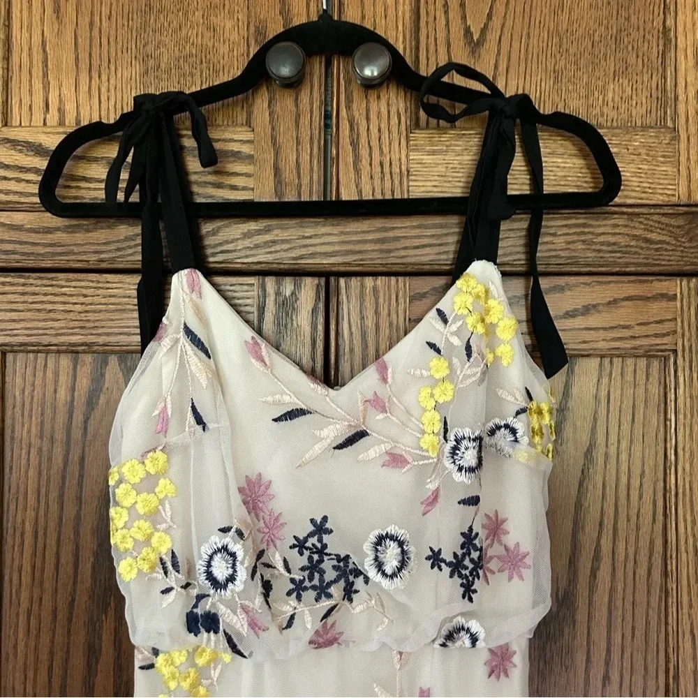 Donna Morgan | Blouson Yellow Floral Embroidered Midi Dress Shoulder Tie | sz 0 - Picture 6 of 13